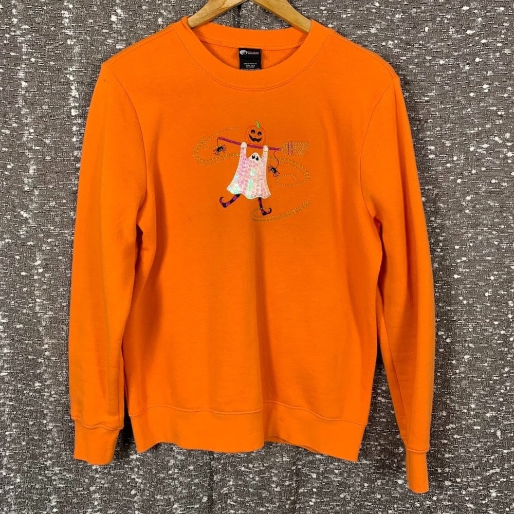 Vintage Holiday Editions Orange Halloween Ghost Crewneck Sweater Women's M
